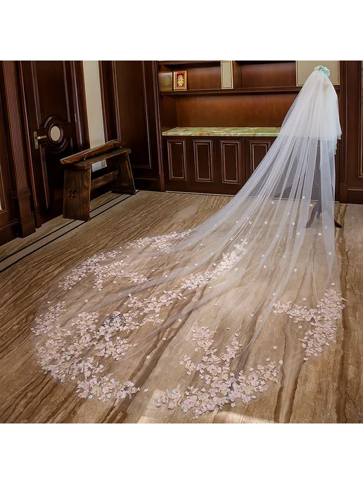 Easttg Свадебная фата двухслойная белая White-Pink Lace, 350 см, белый, фото 3