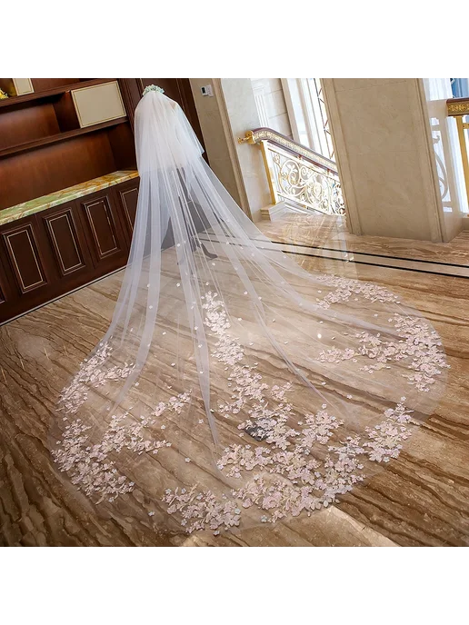 Easttg Белая двухслойная фата 350 см, Off-Off White Lace, белый