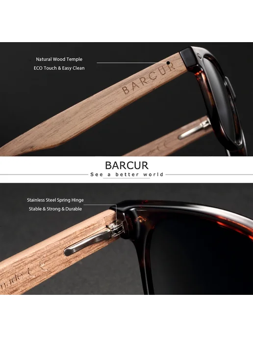 Barcur черные солнцезащитные очки, линзы Ebony Wood, черный, фото 3