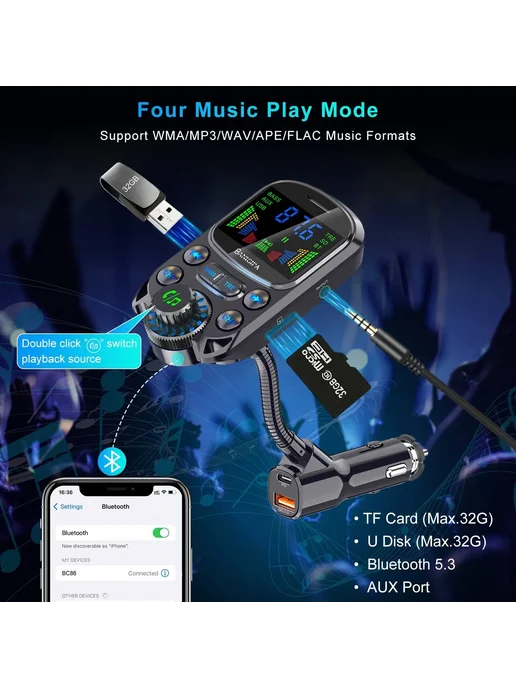 JINSERTA Обновленный автомобильный беспроводной FM-передатчик Bluetoo, вариант, фото 3