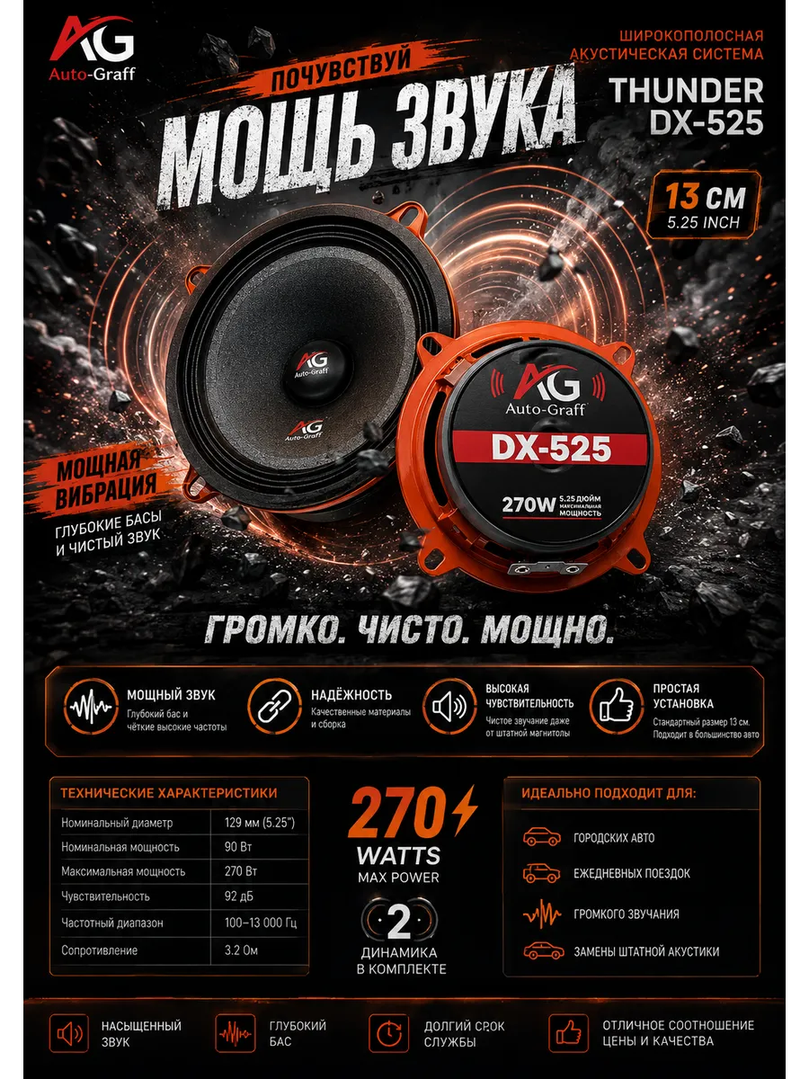 Колонки автомобильные 13 см DX-525 270W—громкий чистый звук