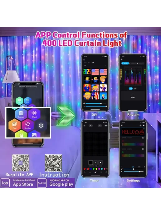 GCTECHING Светодиодная гирлянда штора 2x2м 400LED RGB, AU-штекер, 2x2 м, фото 3