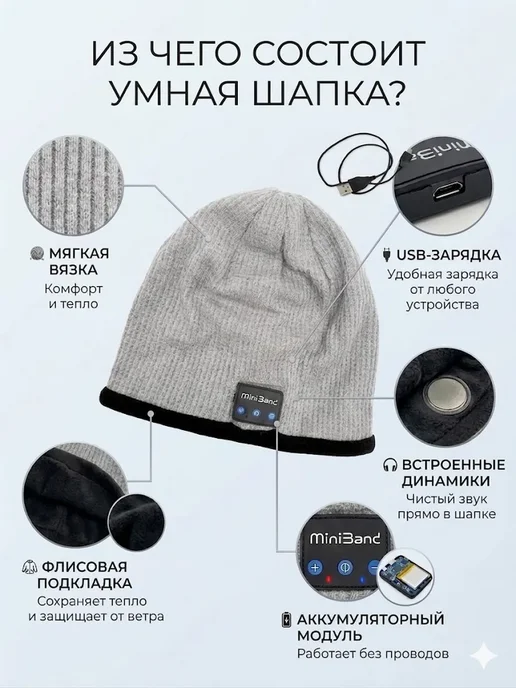 RUTH Bluetooth шапка с наушниками теплая беспроводная, серый, фото 2