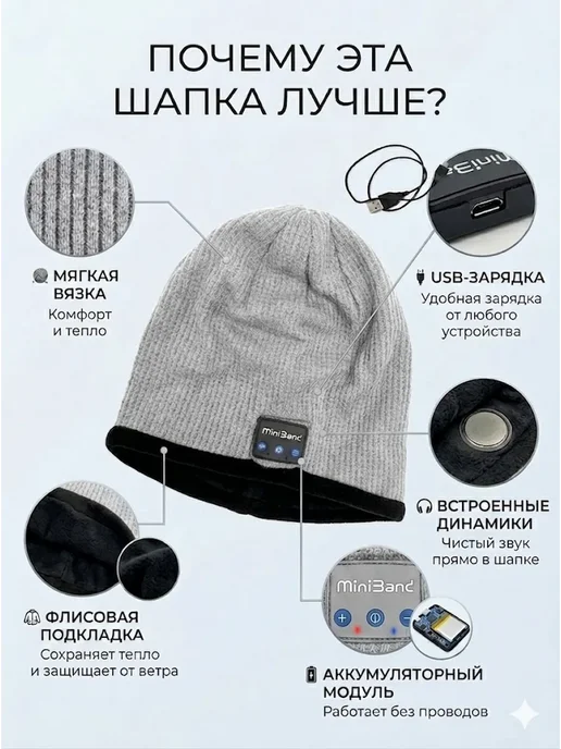 RUTH Bluetooth шапка с наушниками теплая беспроводная, серый, фото 3