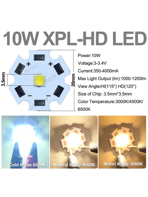 HotRed 10 Вт XPL LED, нейтральный белый, 20 мм PCB, 10 Вт, фото 3