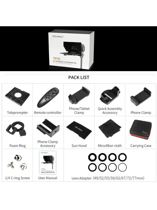 Телесуфлер FEELWORLD TP10 для iPad, планшета, зеркальной кам, 10 дюймов, фото 6