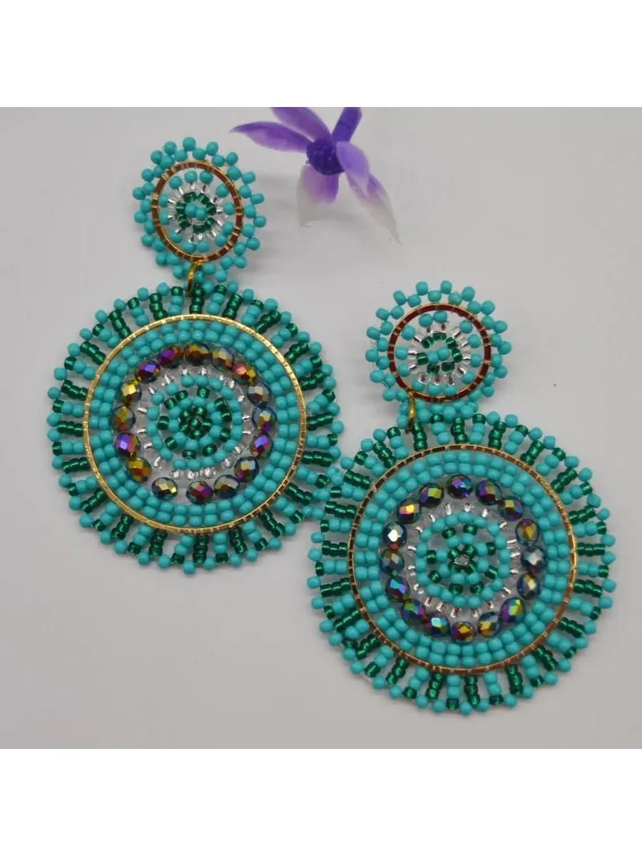 Серьги бохо из бисера, круглые, голубые, Hot Stamping