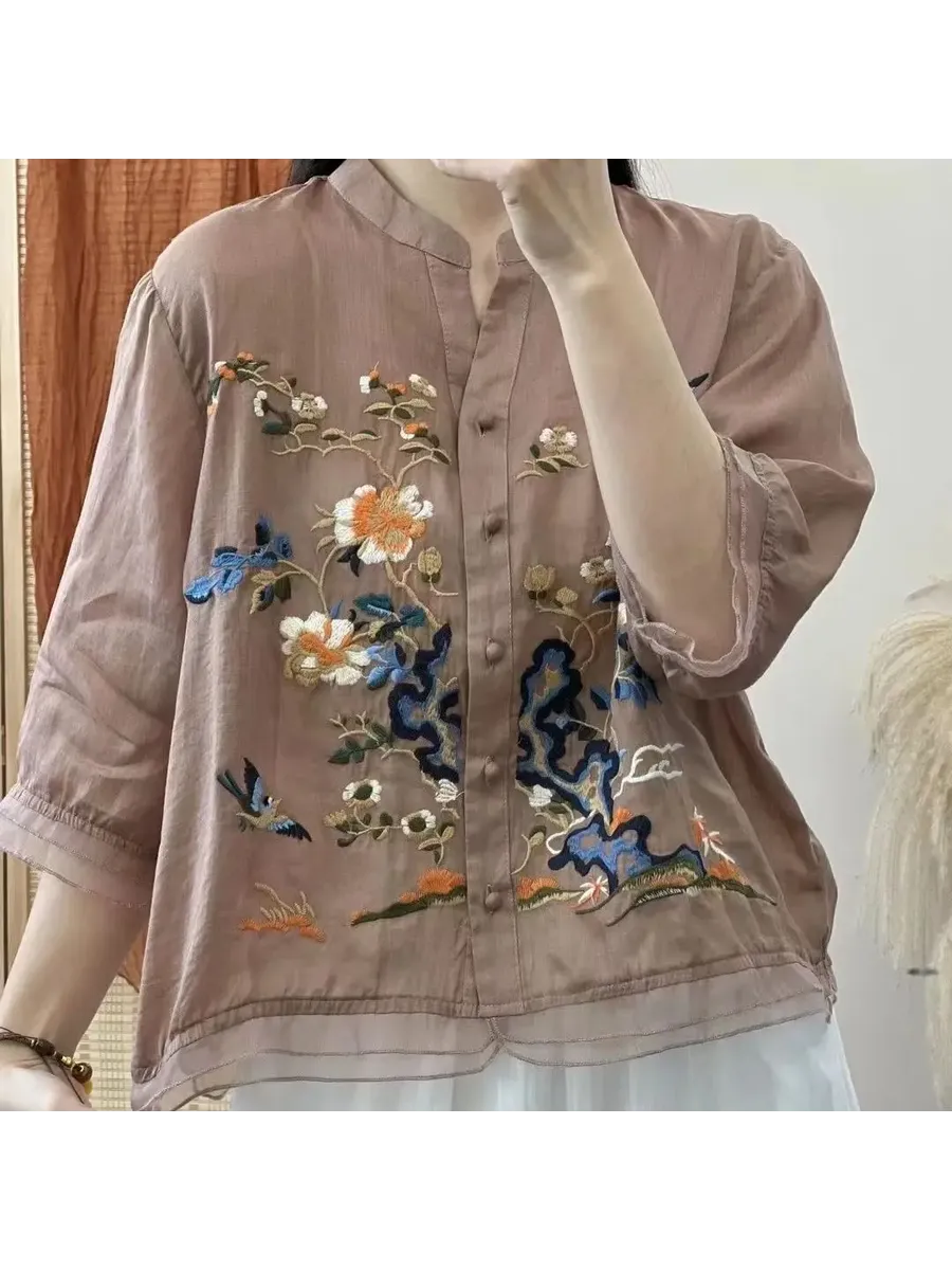 Luxury Embroidery Vintage Shirts Summer Women's Clothing