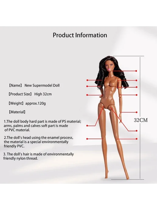 Нет бренда Супермодельная кукла 30 см, Supermodel Doll 2, черный, черный, фото 7