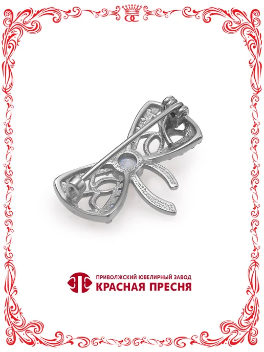 Красная Пресня Брошь Бантик с круглыми бесцветными фианитами серебро 925, серебристый, фото 2