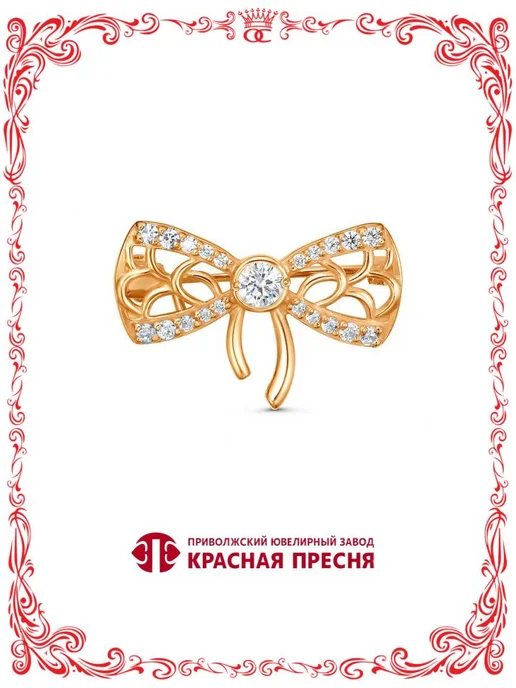 Красная Пресня Серебряная брошь золотистый бантик с фианитами 26х17 мм, серебристый