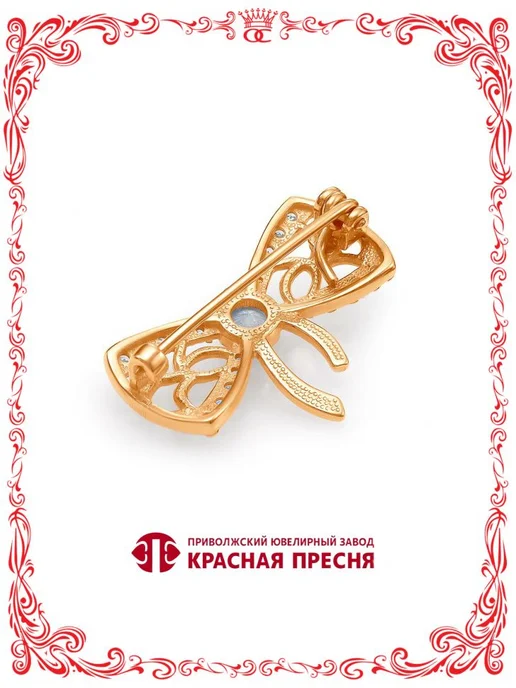Красная Пресня Серебряная брошь золотистый бантик с фианитами 26х17 мм, серебристый, фото 3