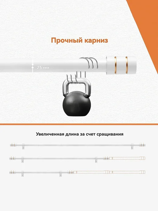 Widyana Карниз для штор настенный однорядный металлический 70-190 cm, белый, фото 8