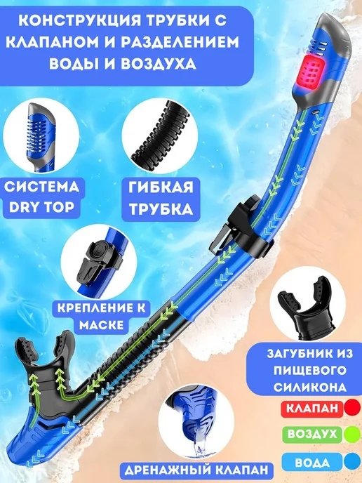 Маска для подводного плавания и снорклинга с трубкой, синий, фото 6