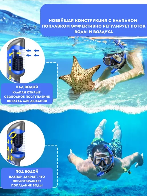 Маска для подводного плавания и снорклинга с трубкой, синий, фото 7