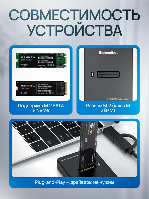 ЦЕНТР РАСПРОДАЖ Док-станция одинарная для М2, Blueendless SATA NVMe, черный, фото 2