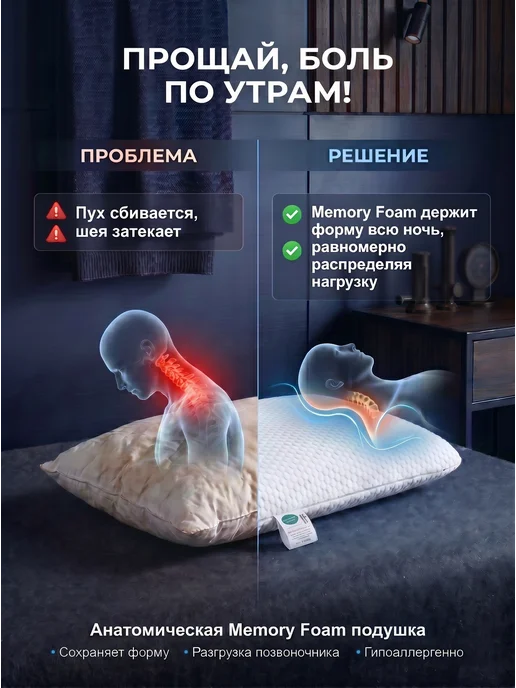 Жесткая ортопедическая подушка для сна 40х60 анатомическая, 40x60, фото 2