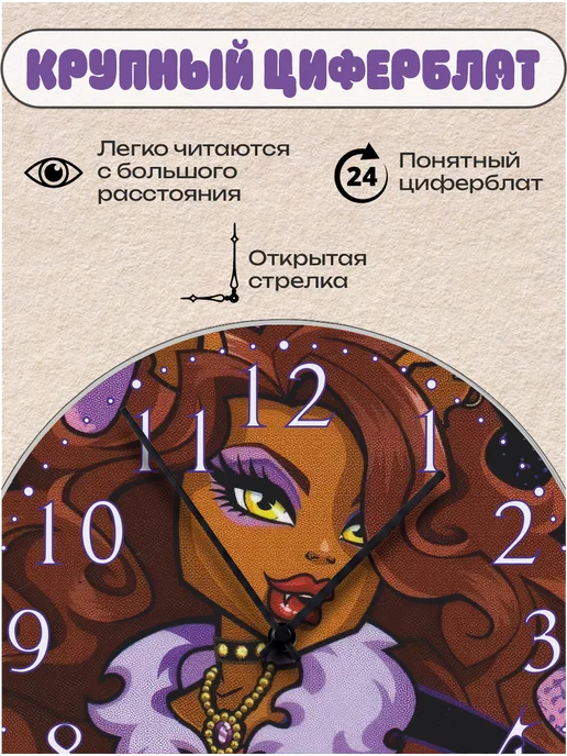 Пиксель Плэйс Часы Настенные Часы настенные интерьерные детские монстер хай Клодин, вариант, фото 2