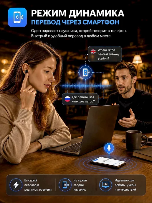 TikChic Наушники беспроводные блютуз для андроид с переводчиком, черный, фото 6