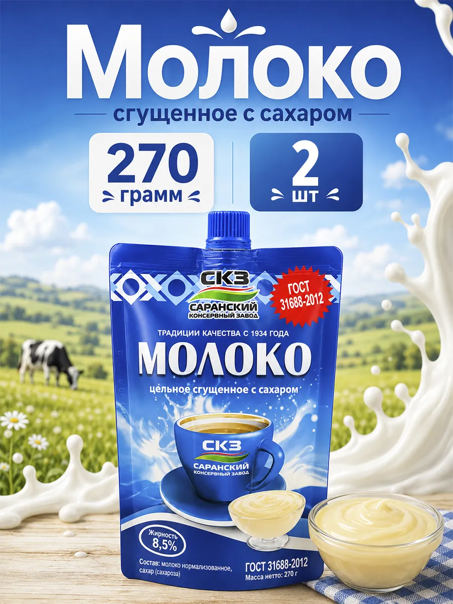 Молоко сгущенное цельное дой-пак Саранский, 270 г