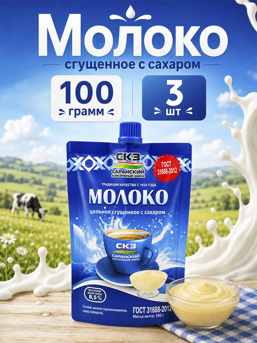 Молоко сгущенное цельное дой-пак Саранский, 100 г