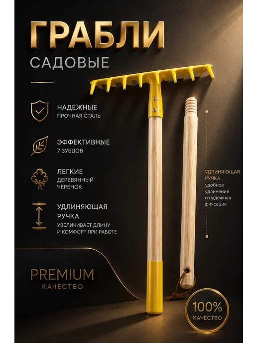 Саби Грабли садовые стальные с удлиняющей ручкой 7 зубьев, желтый