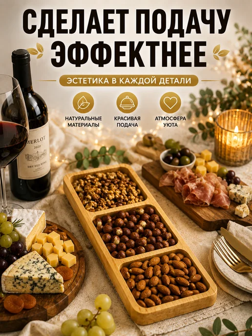менажница деревянная для красивой подачи орехов закусок, бежевый, фото 3