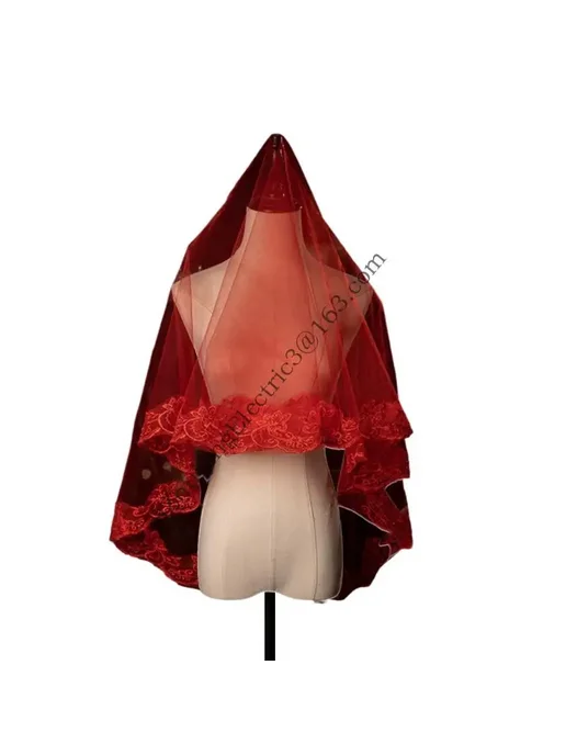Нет бренда Темная фата с кружевом Red plain yarn, красный