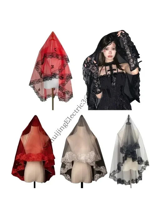 Нет бренда Темная фата с кружевом Red plain yarn, красный, фото 2