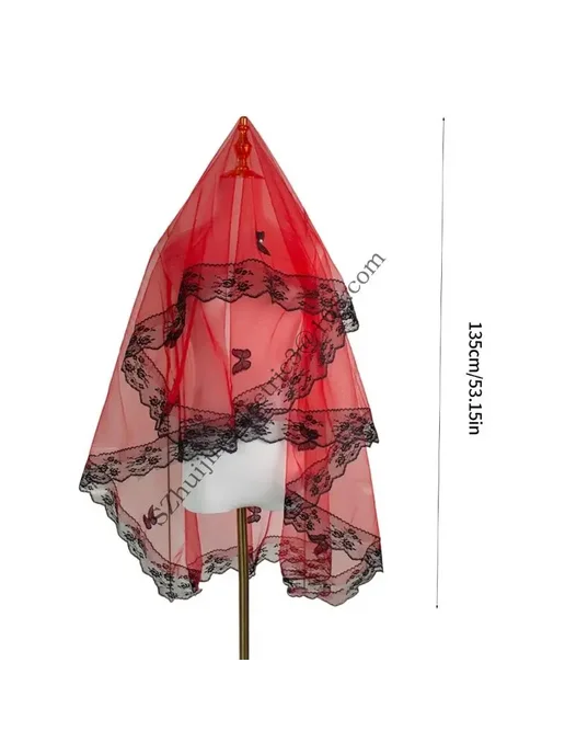 Нет бренда Темная фата с кружевом Red plain yarn, красный, фото 3