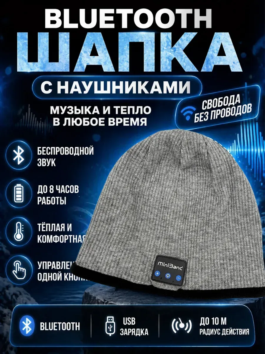 Вязаная шапка с Bluetooth наушниками беспроводная теплая