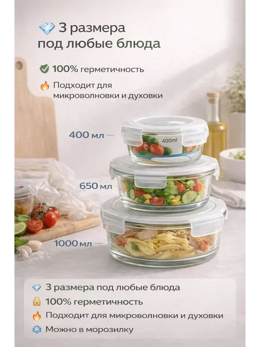 LEES Стеклянные контейнеры с крышками, 3 шт, 3 шт, фото 3