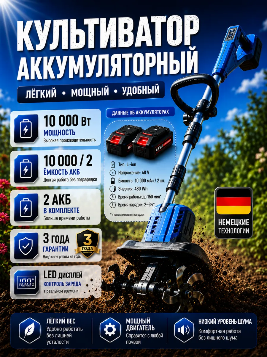 Мощный Культиватор аккумуляторный
