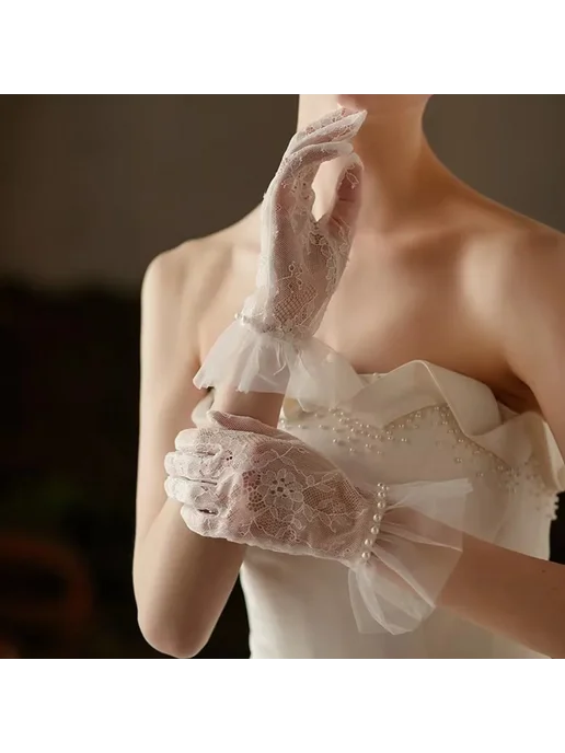 Нет бренда Белые свадебные перчатки со шнуровкой, style2, белый, фото 3