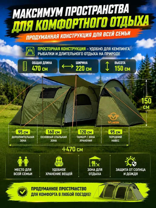 Палатка туристическая 4-6 местная для рыбалки и похода, зеленый, фото 2