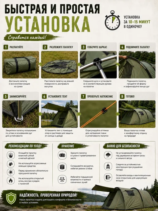 Палатка туристическая 4-6 местная для рыбалки и похода, зеленый, фото 6