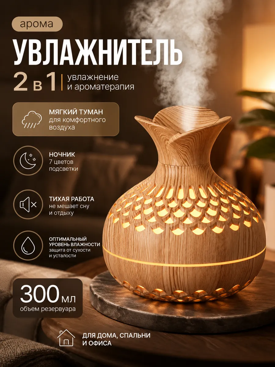 Увлажнитель воздуха для дома бесшумный мини с подсветкой