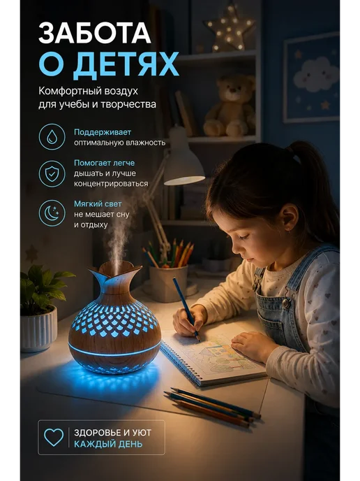 Увлажнитель воздуха для дома бесшумный с подсветкой, коричневый, фото 2