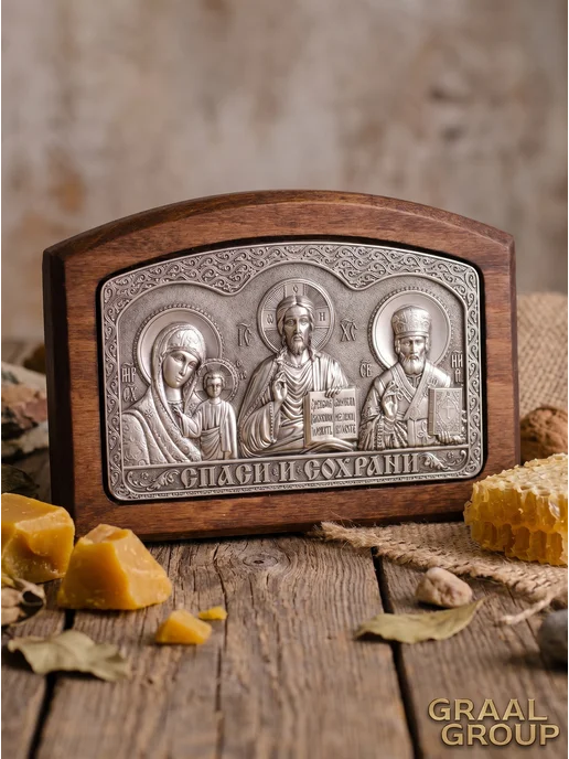 GraalGroup Икона в автомобиль освященная, серебро в дереве 5.5х7.9, 5.5x7.9, фото 6