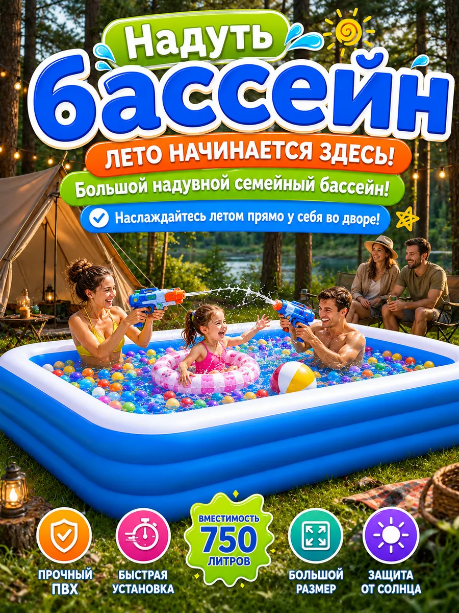 Бассейн надувной для всей семьи 250х135х52 см, с насосом
