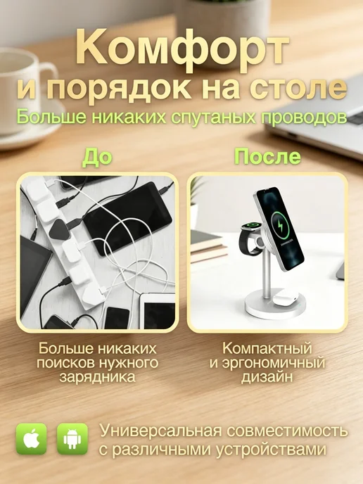 Беспроводная зарядка iphone 3 в 1 подарочная, вариант, фото 8