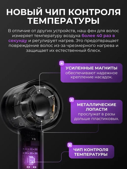 Фен для волос S01 2600 Вт, скоростей 3, кол-во насадок 5, 2600 Вт, фото 4