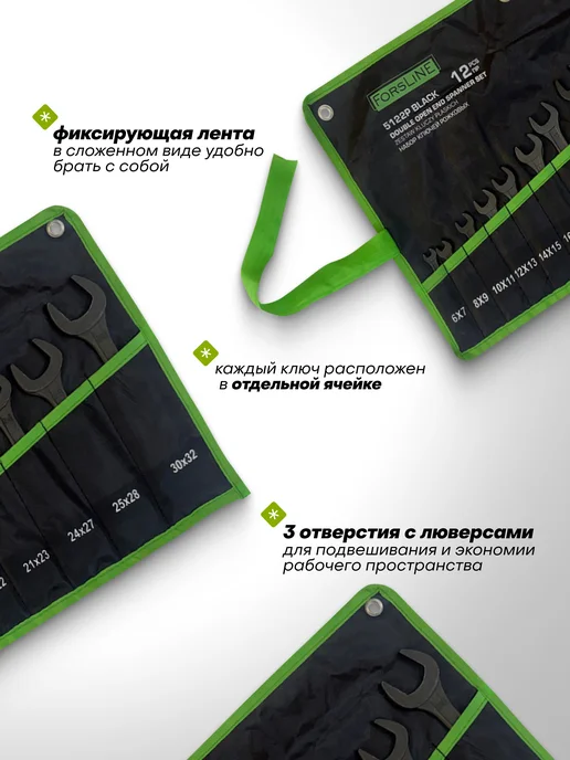 ForsLine Набор ключей рожковых 12 предметов на полотне, черный, фото 2