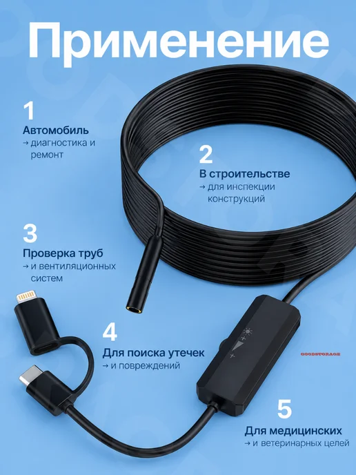 GOODSTORAGE Проводной эндоскоп 2 метра, 2 м, фото 3