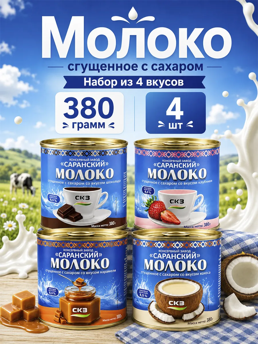 Набор сладкий, молоко сгущенное Саранский, ассорти 4 шт