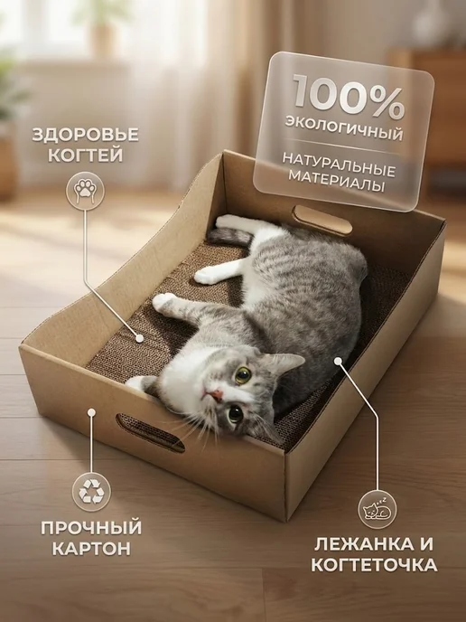 Панда и Панда Когтеточка для кошки большая картонная в коробке, бежевый, фото 2