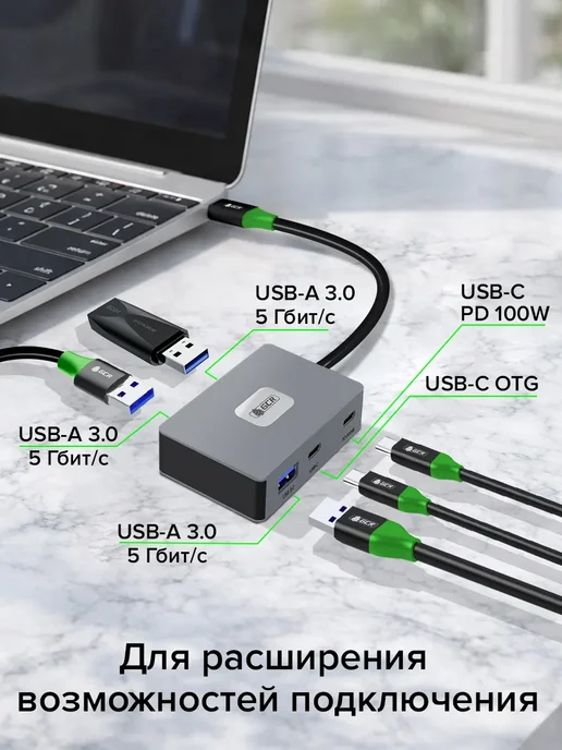 GCR Док-станция 7в1 USB Type-C на 2*Type-C PD +3*USB+2*HDMI, вариант, фото 4