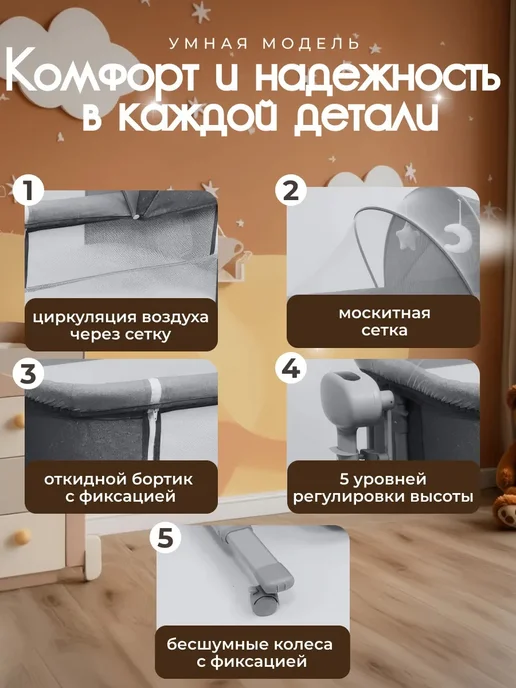 Приставная кроватка для новорожденных манеж, серый, фото 5