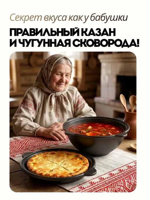 Казан узбекский чугунный с крышкой сковородой 8 литров, черный, фото 5
