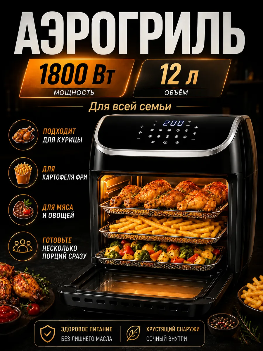 Аэрогриль электрический 12 л, 1800 Вт,
